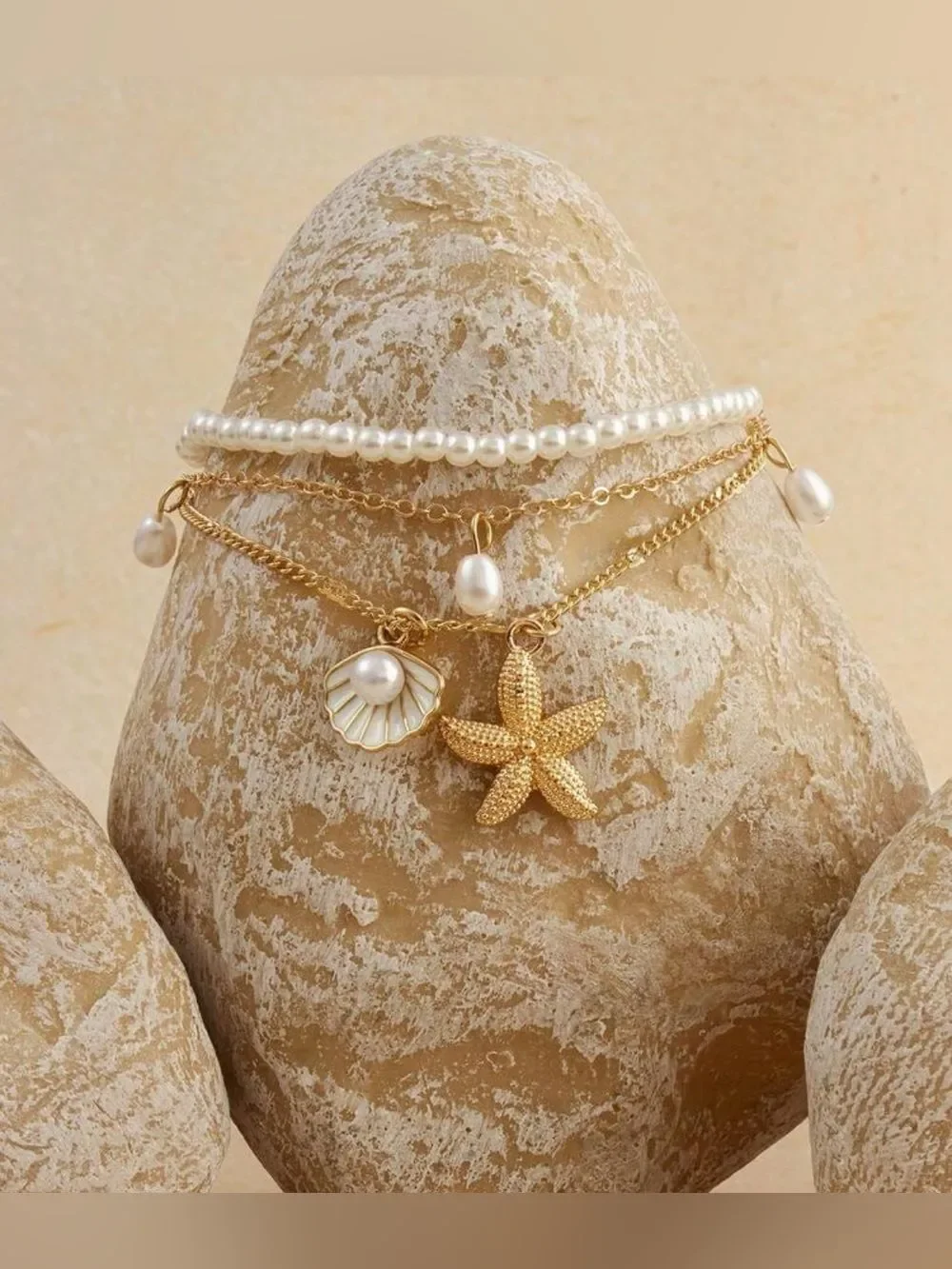 Gold White Pearl Layered Necklace with Sea Charms N1486